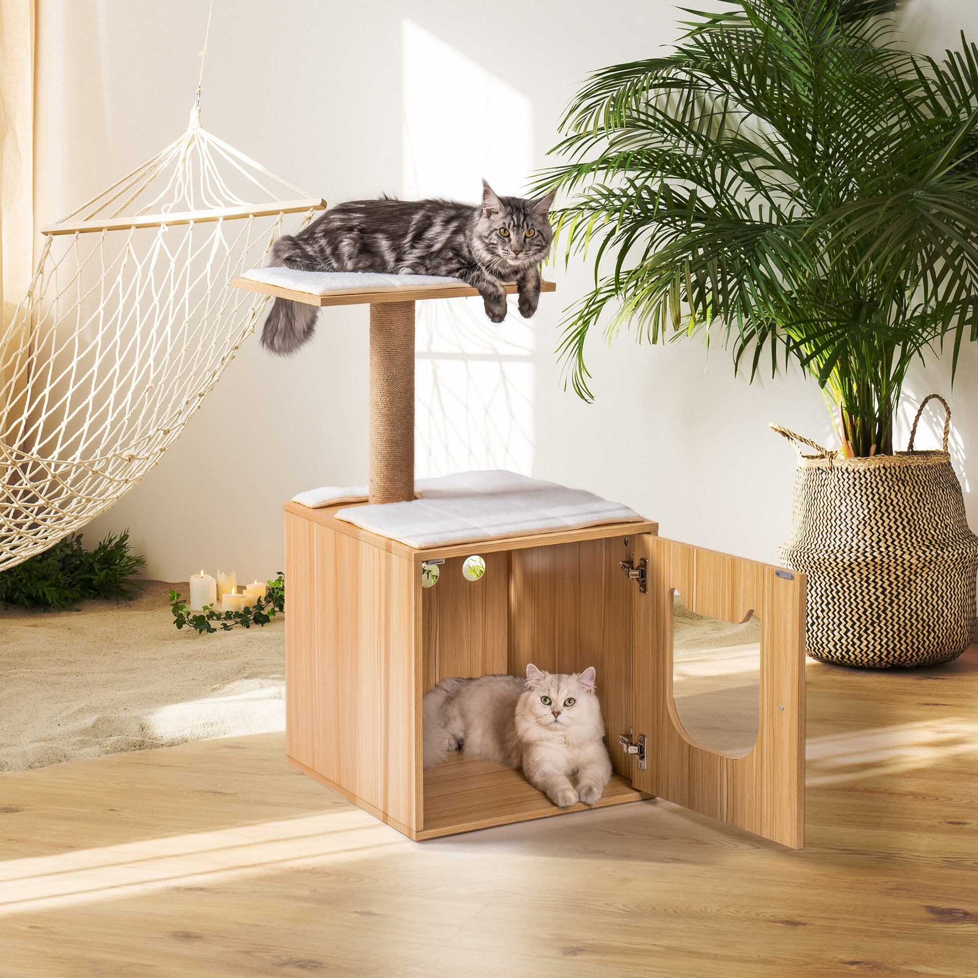 Wooden Cat House with Cat Bed Hidden Cat Washroom Furniture Cat Tree with Scratching Post Cat Litter Box Enclosure