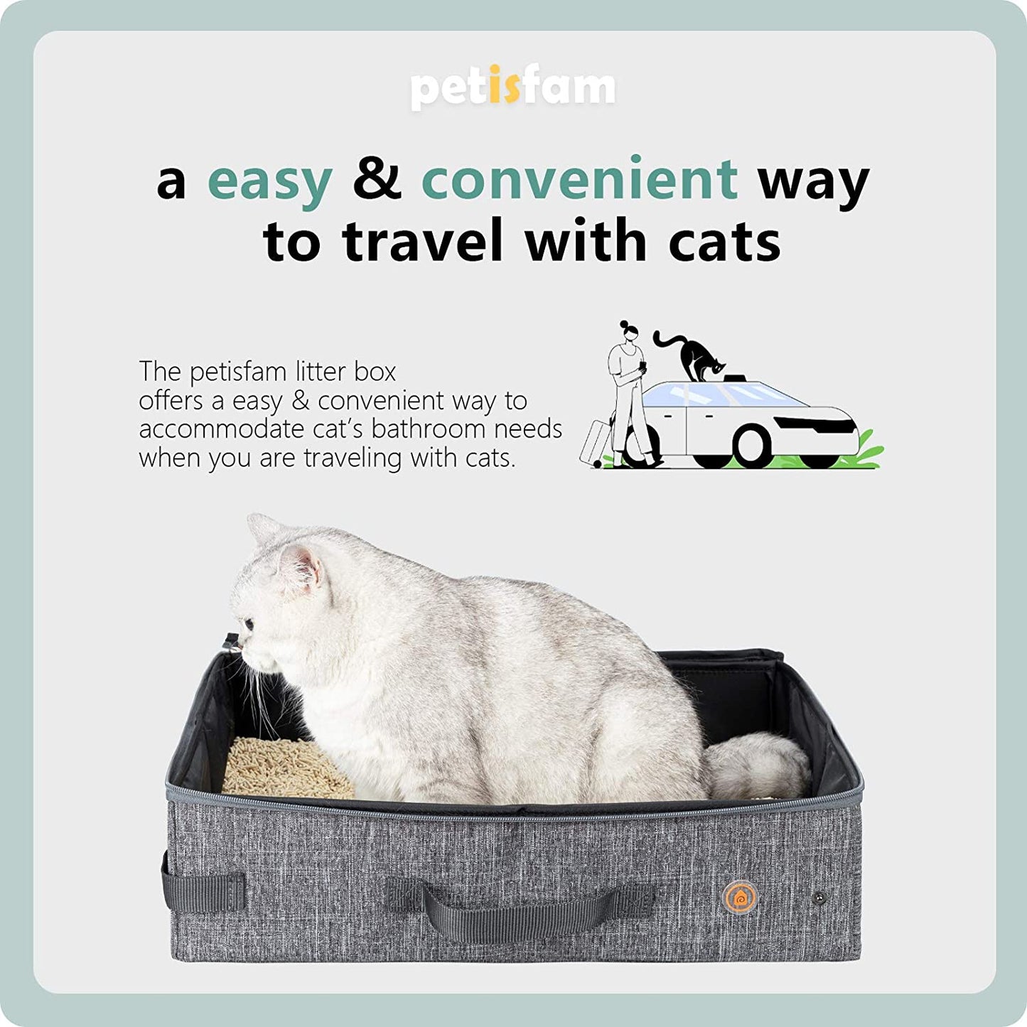 Large Portable Cat Travel Litter Box with Zipperd Top for Medium, Large or Multiple Cats. Odor Control, Leak-Proof, Lightweight for Easy Carry, Easy Storage, Easy to Clean