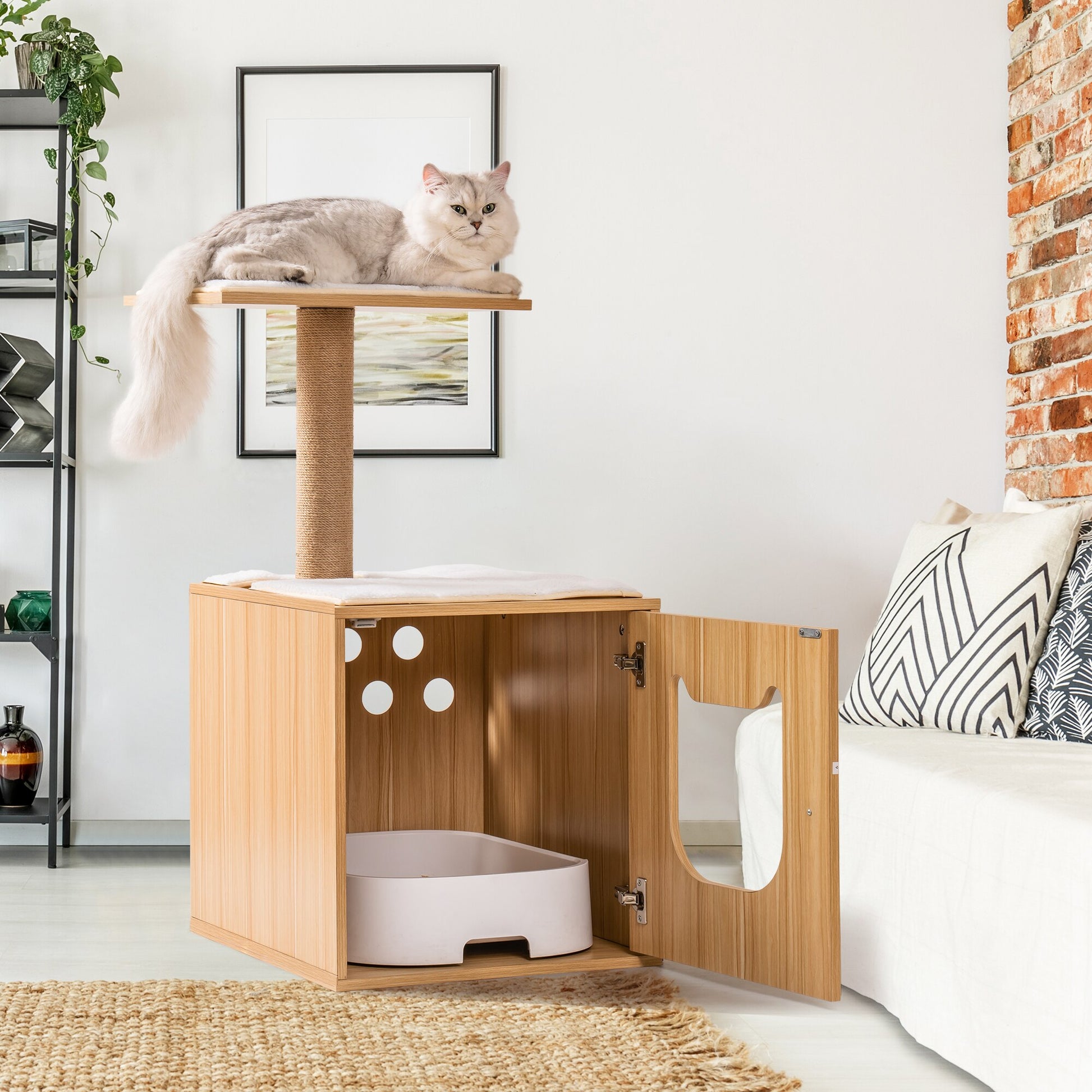 Wooden Cat House with Cat Bed Hidden Cat Washroom Furniture Cat Tree with Scratching Post Cat Litter Box Enclosure