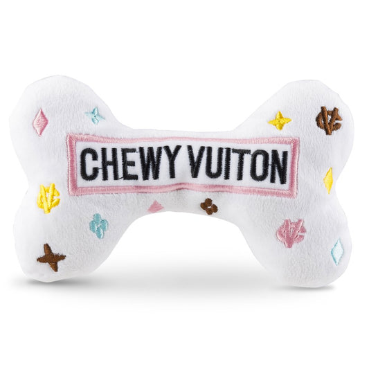 Chewy Vuiton Parody Squeaky Plush Dog Toy, White Bone Large